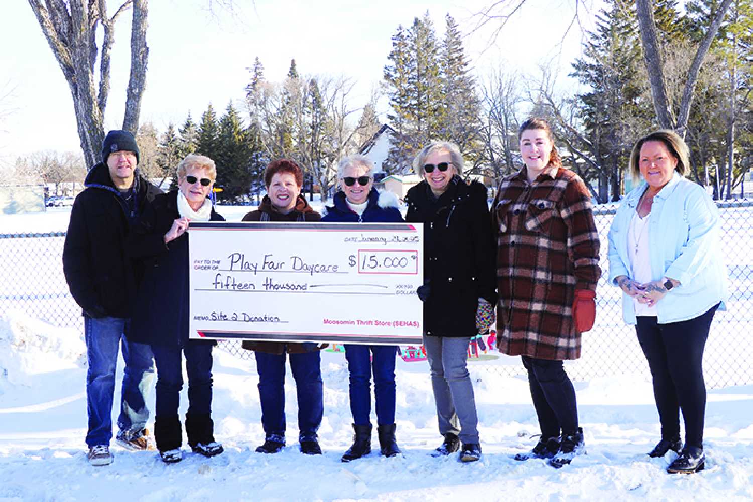 From left are: Jonathan Pearce, Marilyn Klinger, Lori Shepherd, Beryl Stewart, and June Van De Kerckhove with the Thrift Store, and Jill Jones and Terri Low with the daycare. 